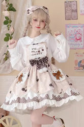 Robe Jsk Lolita douce avec imprimé tarte au lait cerise multicolore, volants, nœud papillon et coutures